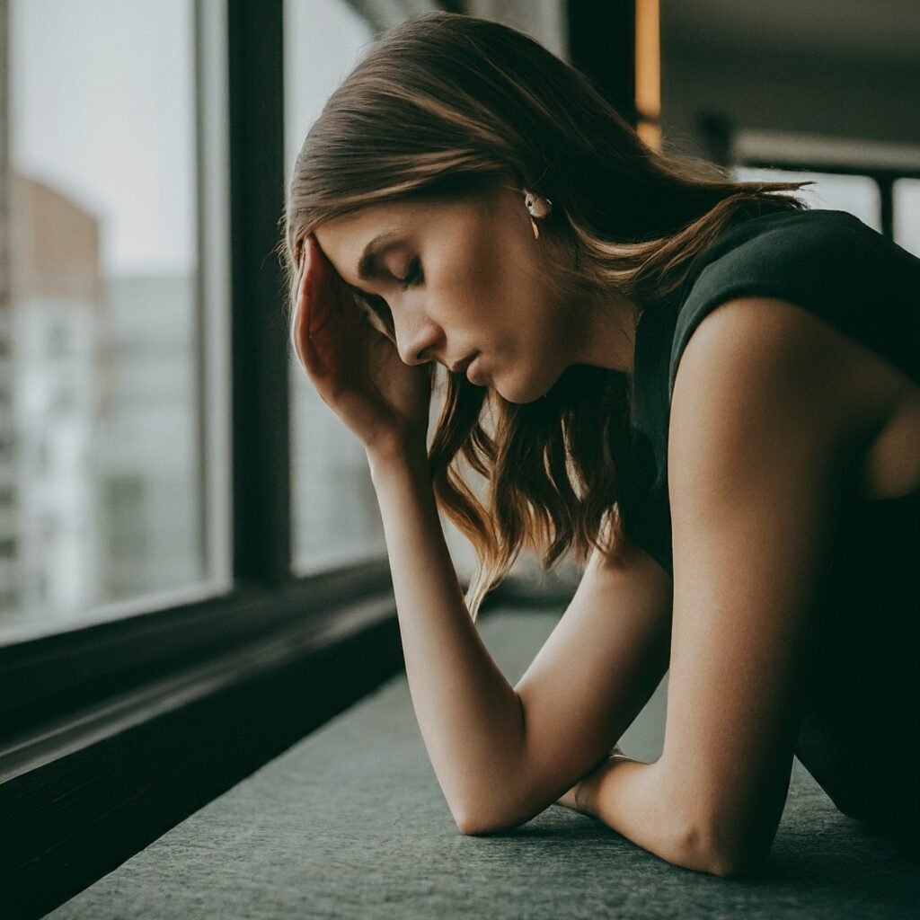 personne réfléchissant devant une fenêtre
