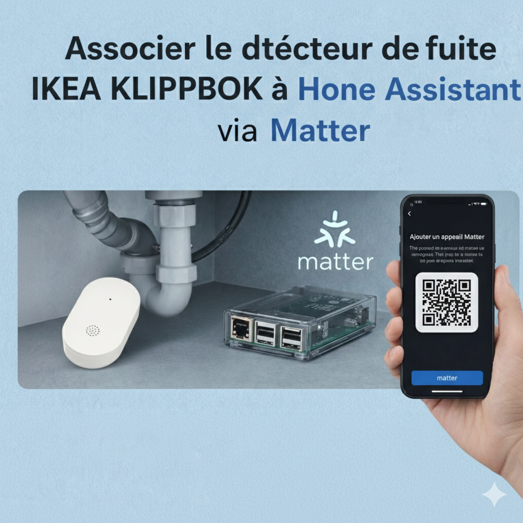 Installation d'un détecteur de fuite IKEA Matter avec Home Assistant : placement sous l'évier et appairage par QR code