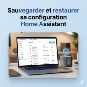 Écran des sauvegardes Home Assistant (Paramètres > Système > Sauvegardes) sur un ordinateur portable, à côté d'un disque de stockage local