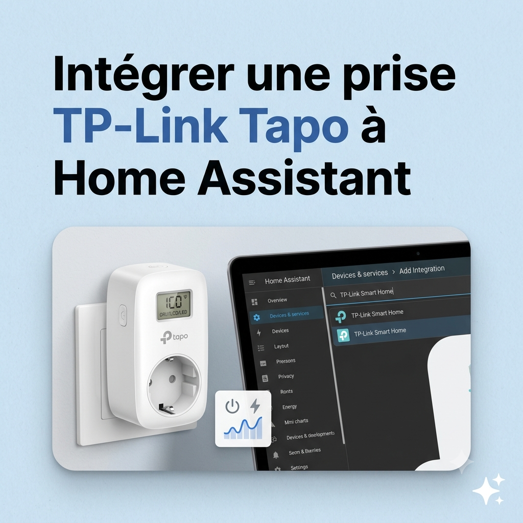 Prise connectée TP-Link Tapo branchée sur une prise murale, avec l'intégration "TP-Link Smart Home" affichée dans Home Assistant sur tablette