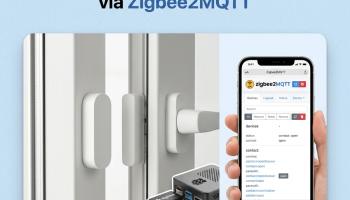 Capteur d'ouverture IKEA PARASOLL associé à Home Assistant via Zigbee2MQTT sur une fenêtre, avec l'interface Zigbee2MQTT affichée sur smartphone