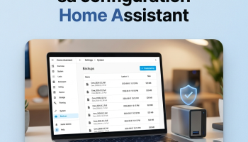 Écran des sauvegardes Home Assistant (Paramètres > Système > Sauvegardes) sur un ordinateur portable, à côté d'un disque de stockage local