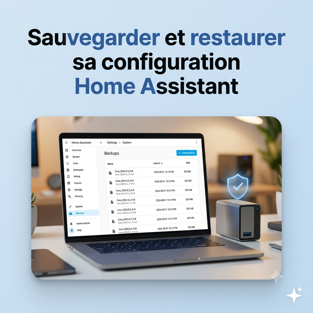 Écran des sauvegardes Home Assistant (Paramètres > Système > Sauvegardes) sur un ordinateur portable, à côté d'un disque de stockage local