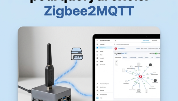 Dongle Zigbee relié à Home Assistant, avec le tableau de bord Zigbee2MQTT affichant le réseau d'appareils connectés