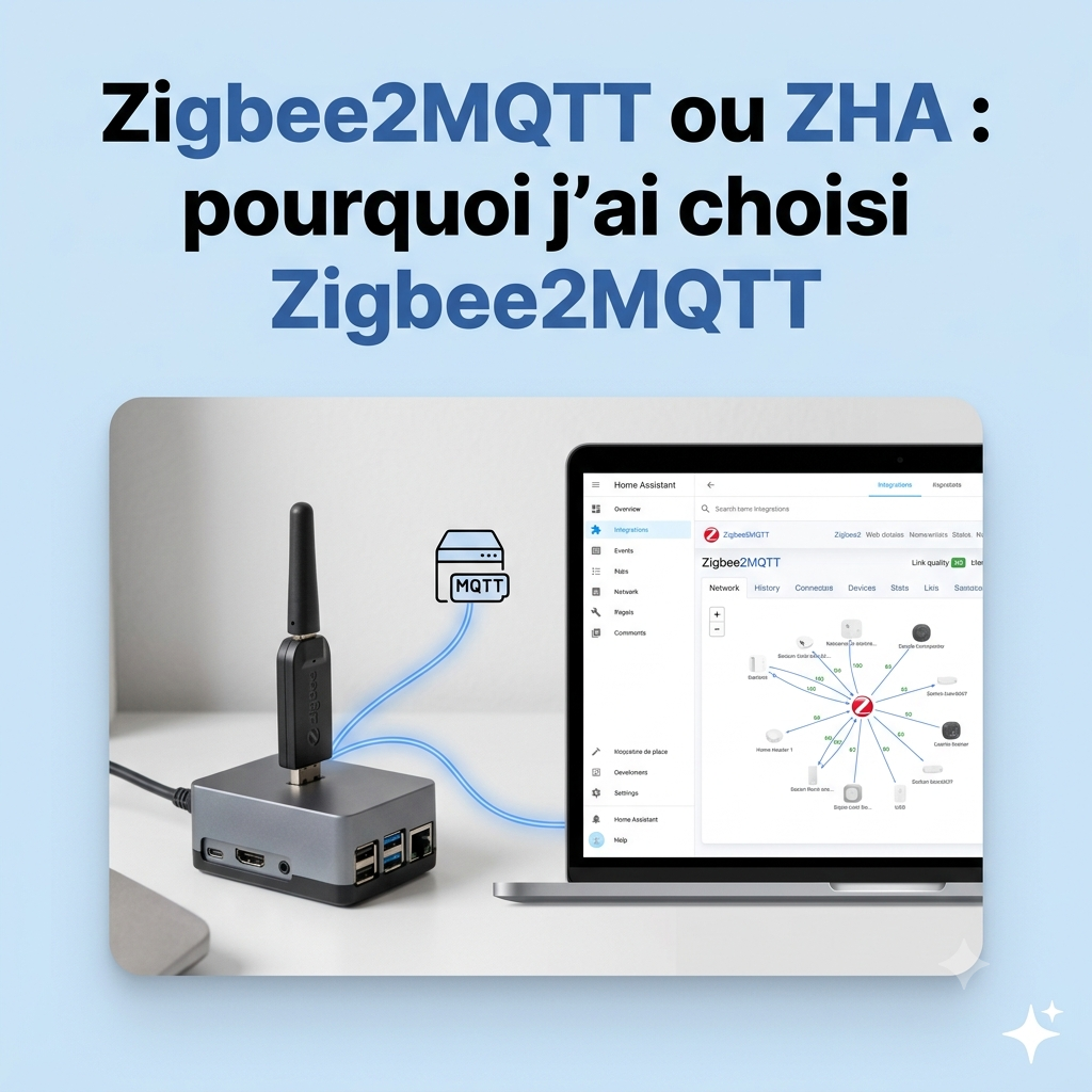 Dongle Zigbee relié à Home Assistant, avec le tableau de bord Zigbee2MQTT affichant le réseau d'appareils connectés