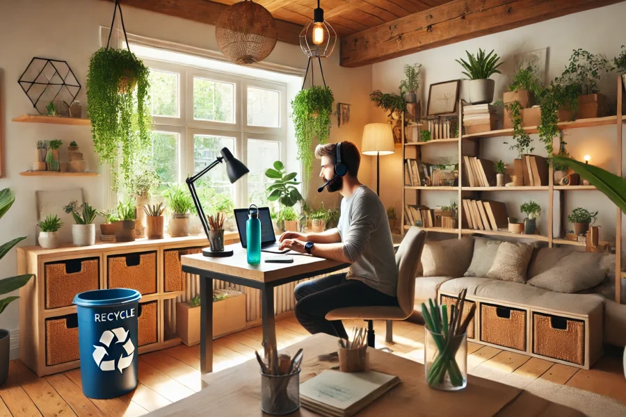 A cozy home office setting showing a person working remotely in an environmentally conscious way. The room is bright with natural light from a large