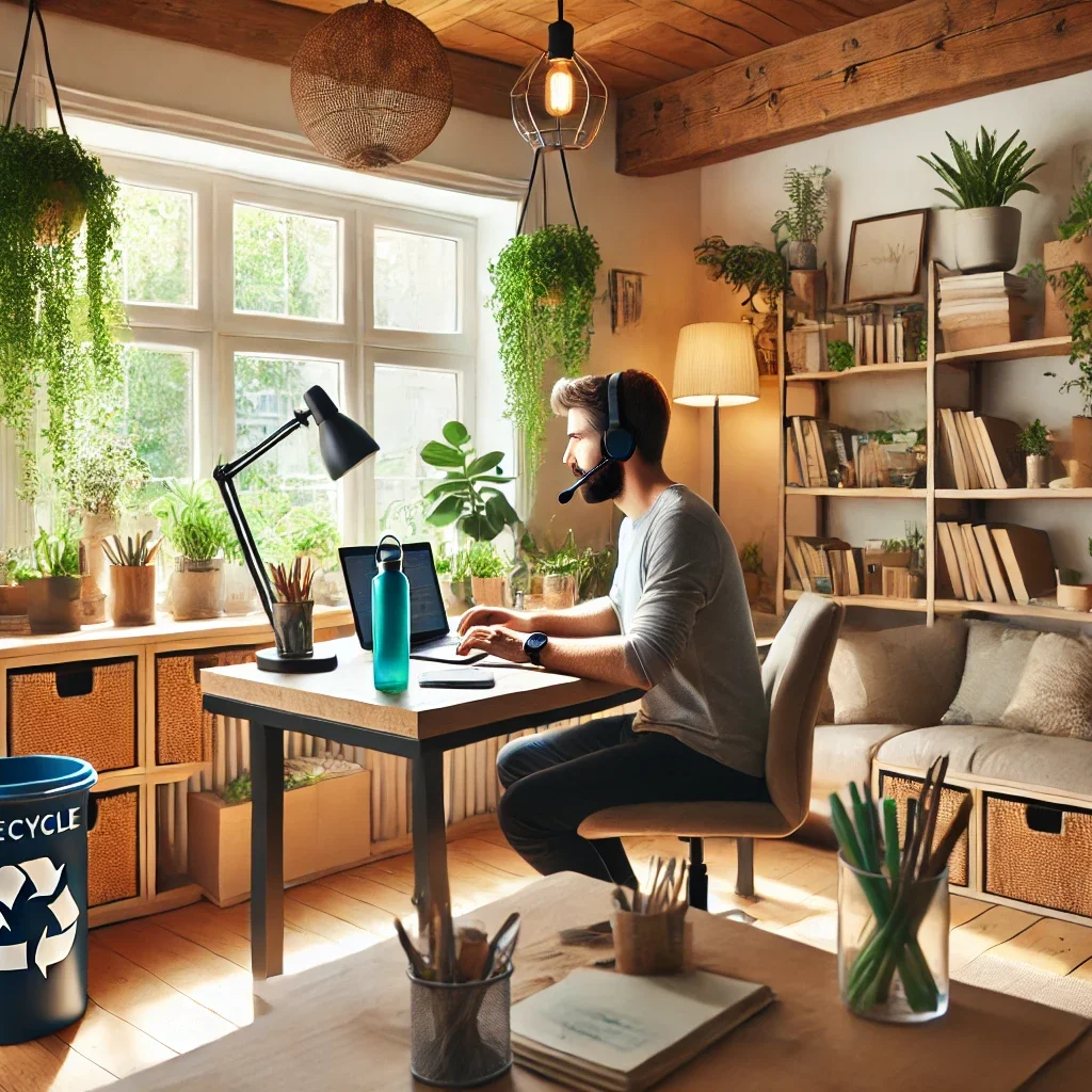 A cozy home office setting showing a person working remotely in an environmentally conscious way. The room is bright with natural light from a large