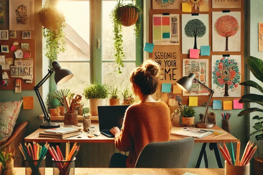 A cozy, vibrant workspace set in a home environment, capturing the theme of remote work and creativity. A person sits at a desk with a laptop, surroun
