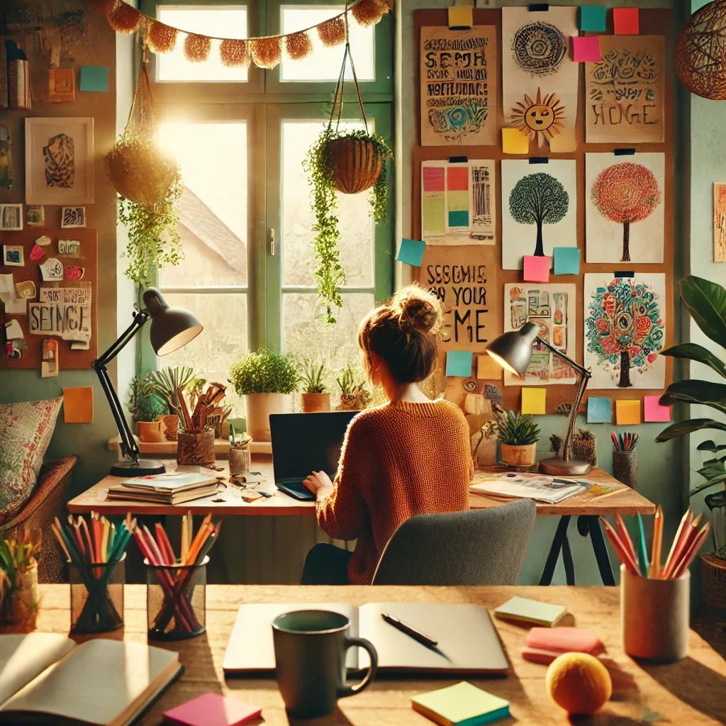 A cozy, vibrant workspace set in a home environment, capturing the theme of remote work and creativity. A person sits at a desk with a laptop, surroun