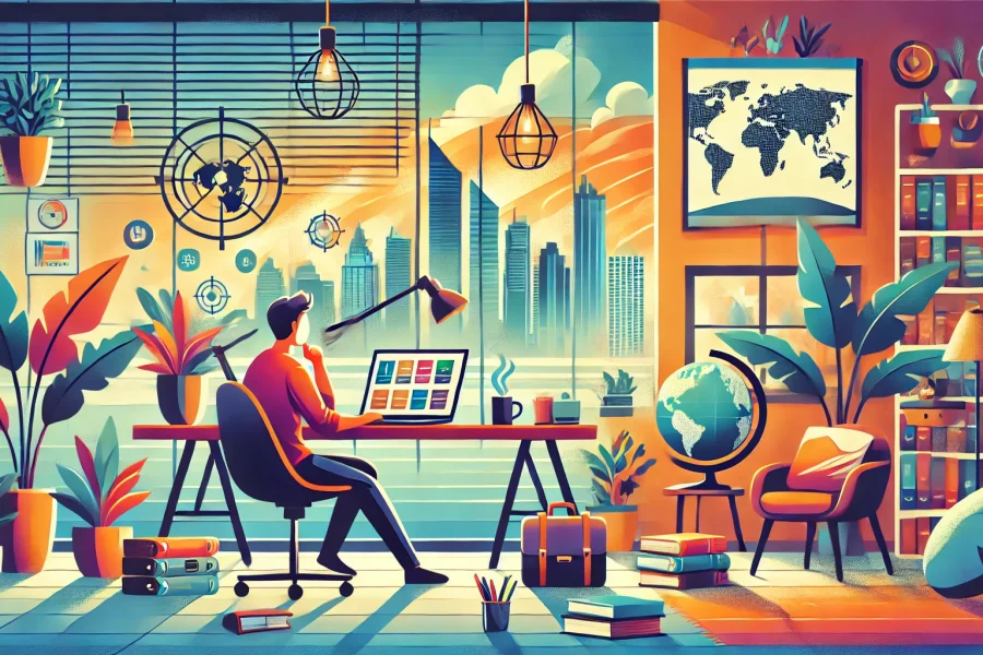 DALL·E 2025-03-01 17.36.01 - A motivational illustration of a person working remotely, surrounded by modern tools like a laptop, books, and a cup of coffee. The scene is set in a