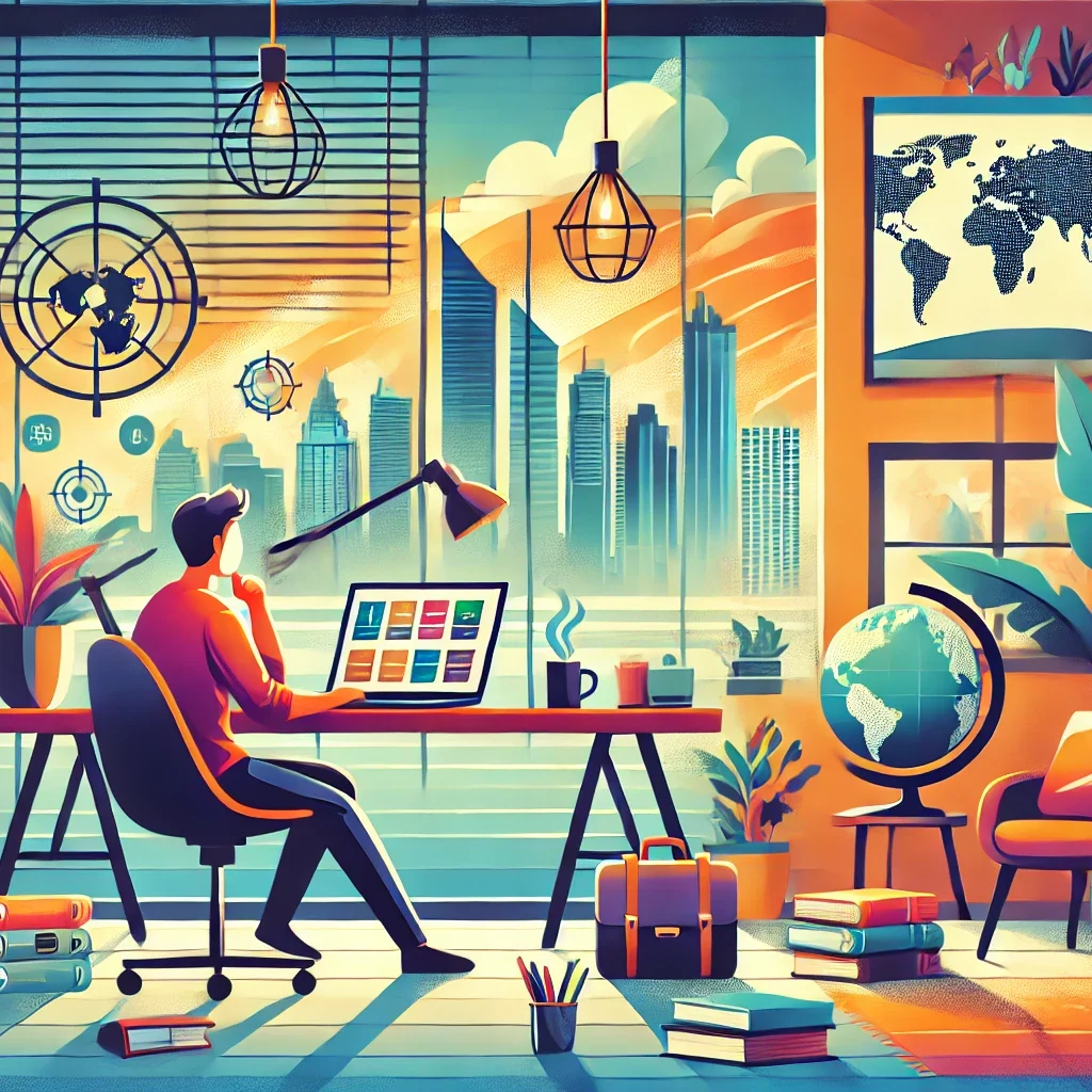 DALL·E 2025-03-01 17.36.01 - A motivational illustration of a person working remotely, surrounded by modern tools like a laptop, books, and a cup of coffee. The scene is set in a