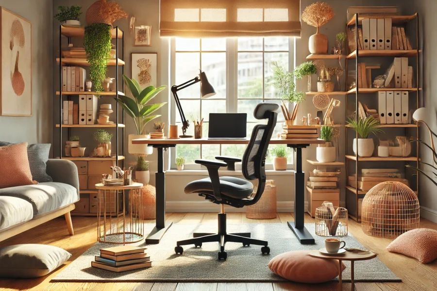 DALL·E 2025-03-01 17.38.00 - A beautifully organized home workspace designed for ergonomics and comfort. The scene includes a stylish adjustable desk and ergonomic chair, surround