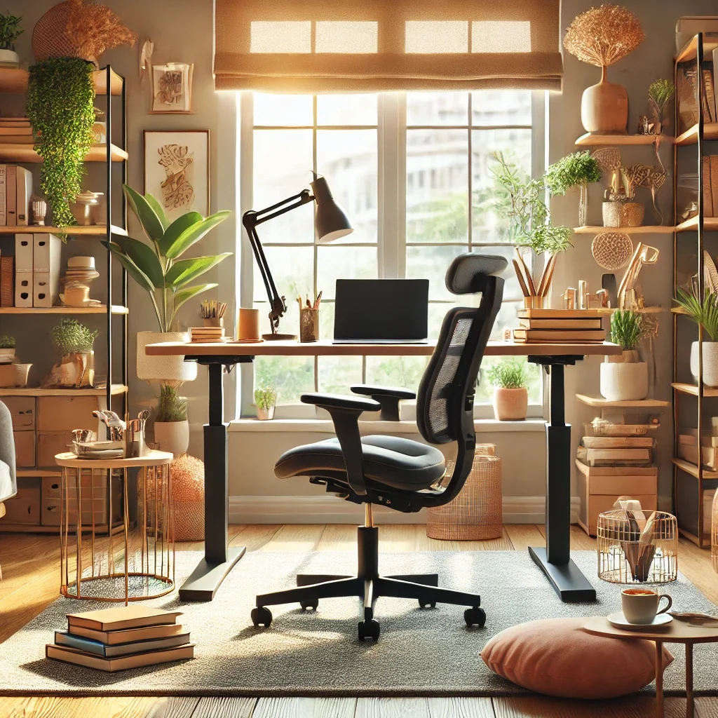 DALL·E 2025-03-01 17.38.00 - A beautifully organized home workspace designed for ergonomics and comfort. The scene includes a stylish adjustable desk and ergonomic chair, surround