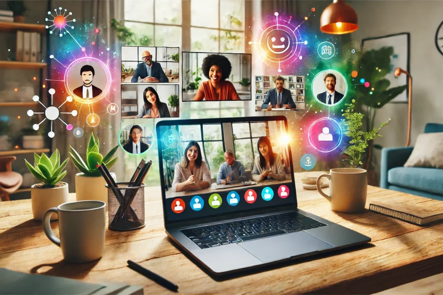 DALL·E 2025-03-01 17.40.57 - A vibrant scene of a virtual meeting with diverse team members displayed on a laptop screen. The background shows a home office setup with plants, cof