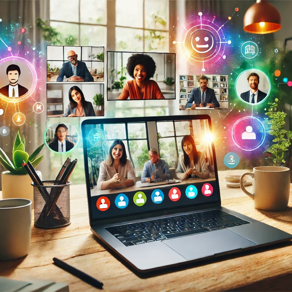 DALL·E 2025-03-01 17.40.57 - A vibrant scene of a virtual meeting with diverse team members displayed on a laptop screen. The background shows a home office setup with plants, cof
