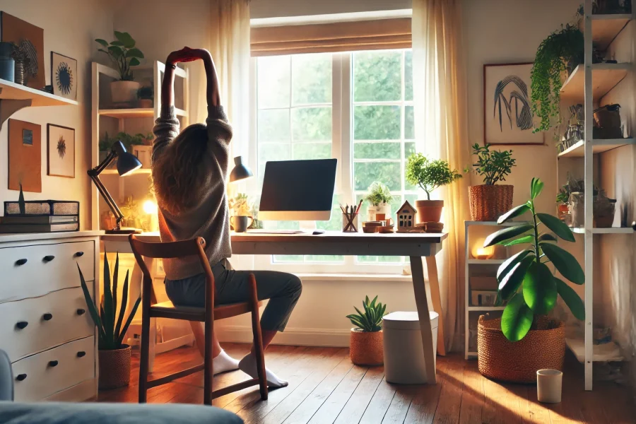 DALL·E 2025-03-01 17.44.01 - A cozy home office with a relaxing atmosphere. A person is stretching at their desk, taking a mindful break from work. The workspace is decorated with