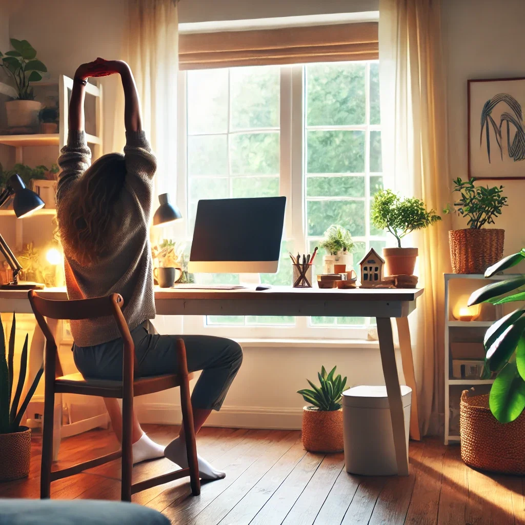 DALL·E 2025-03-01 17.44.01 - A cozy home office with a relaxing atmosphere. A person is stretching at their desk, taking a mindful break from work. The workspace is decorated with