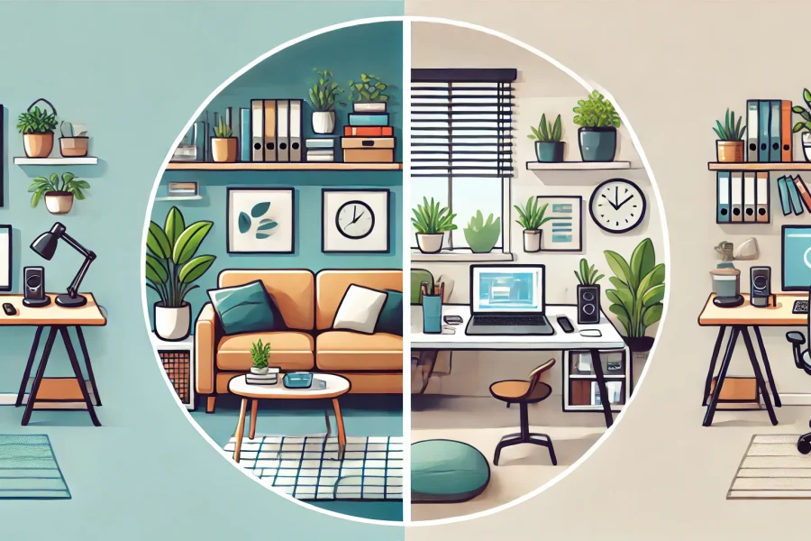 DALL·E 2025-03-01 17.47.26 - A balanced home office setup with a clear separation between work and personal space. On one side, a tidy desk with a laptop and office supplies; on t