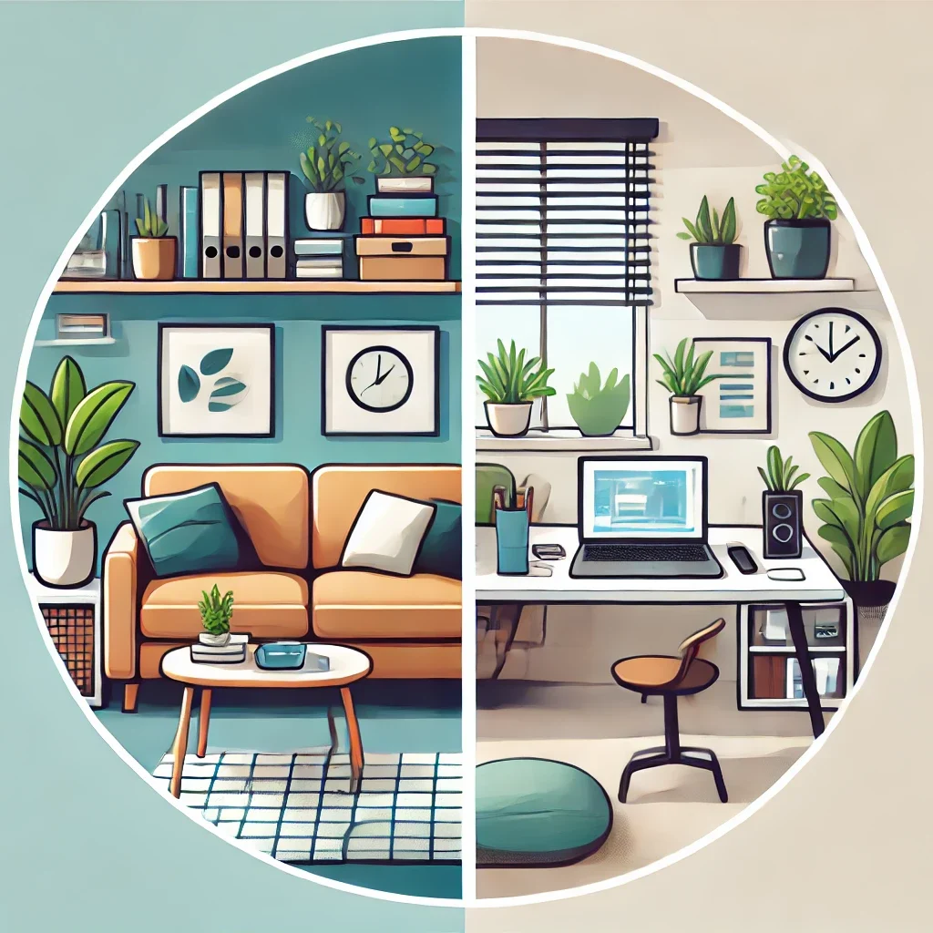 DALL·E 2025-03-01 17.47.26 - A balanced home office setup with a clear separation between work and personal space. On one side, a tidy desk with a laptop and office supplies; on t