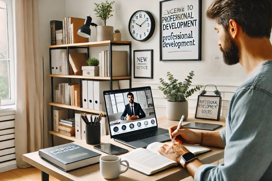 DALL·E 2025-03-02 15.45.25 - A modern home office setup with a person attending an online course on a laptop, taking notes. The room is bright and well-organized, featuring a book