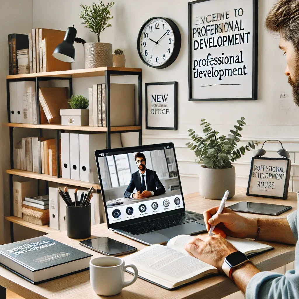 DALL·E 2025-03-02 15.45.25 - A modern home office setup with a person attending an online course on a laptop, taking notes. The room is bright and well-organized, featuring a book