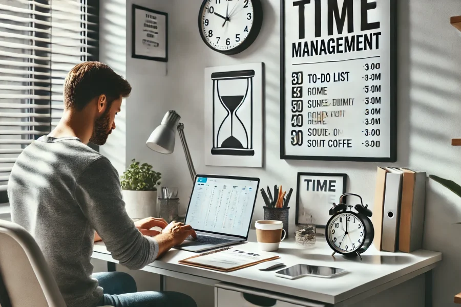 DALL·E 2025-03-02 15.50.28 - A modern home office setup with a person working on a laptop, focused and productive. The desk is organized with a to-do list, a timer, and a cup of c