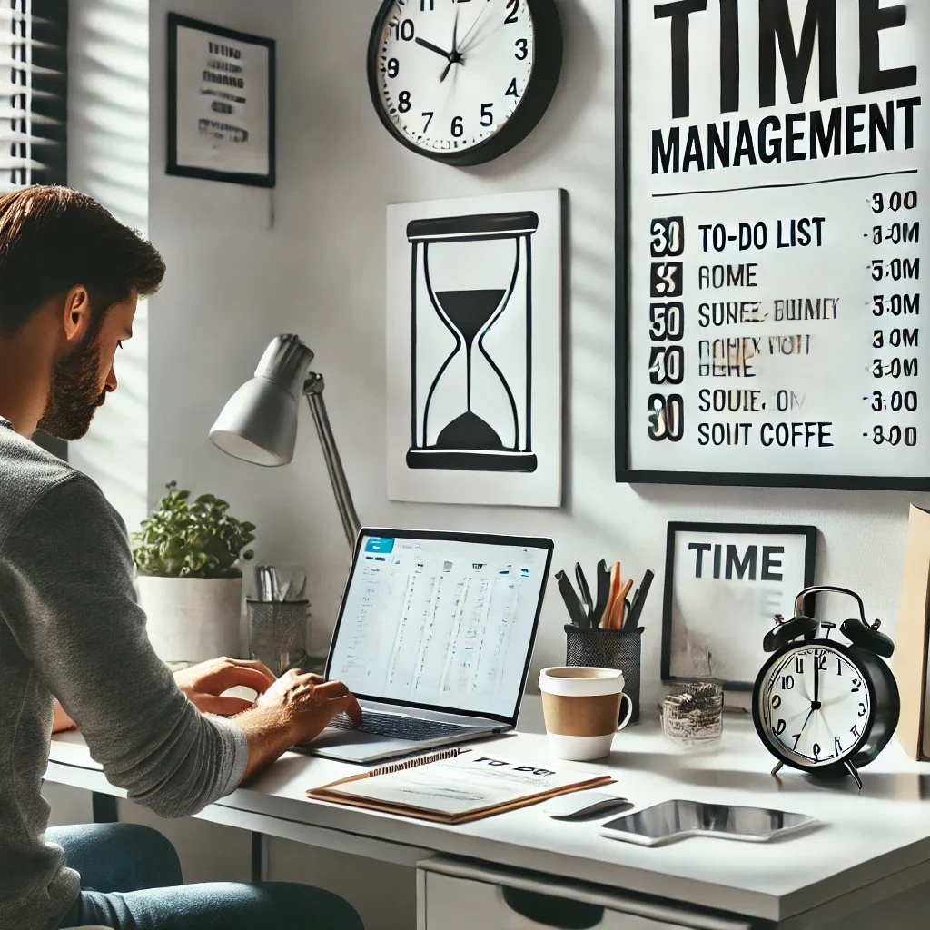 DALL·E 2025-03-02 15.50.28 - A modern home office setup with a person working on a laptop, focused and productive. The desk is organized with a to-do list, a timer, and a cup of c