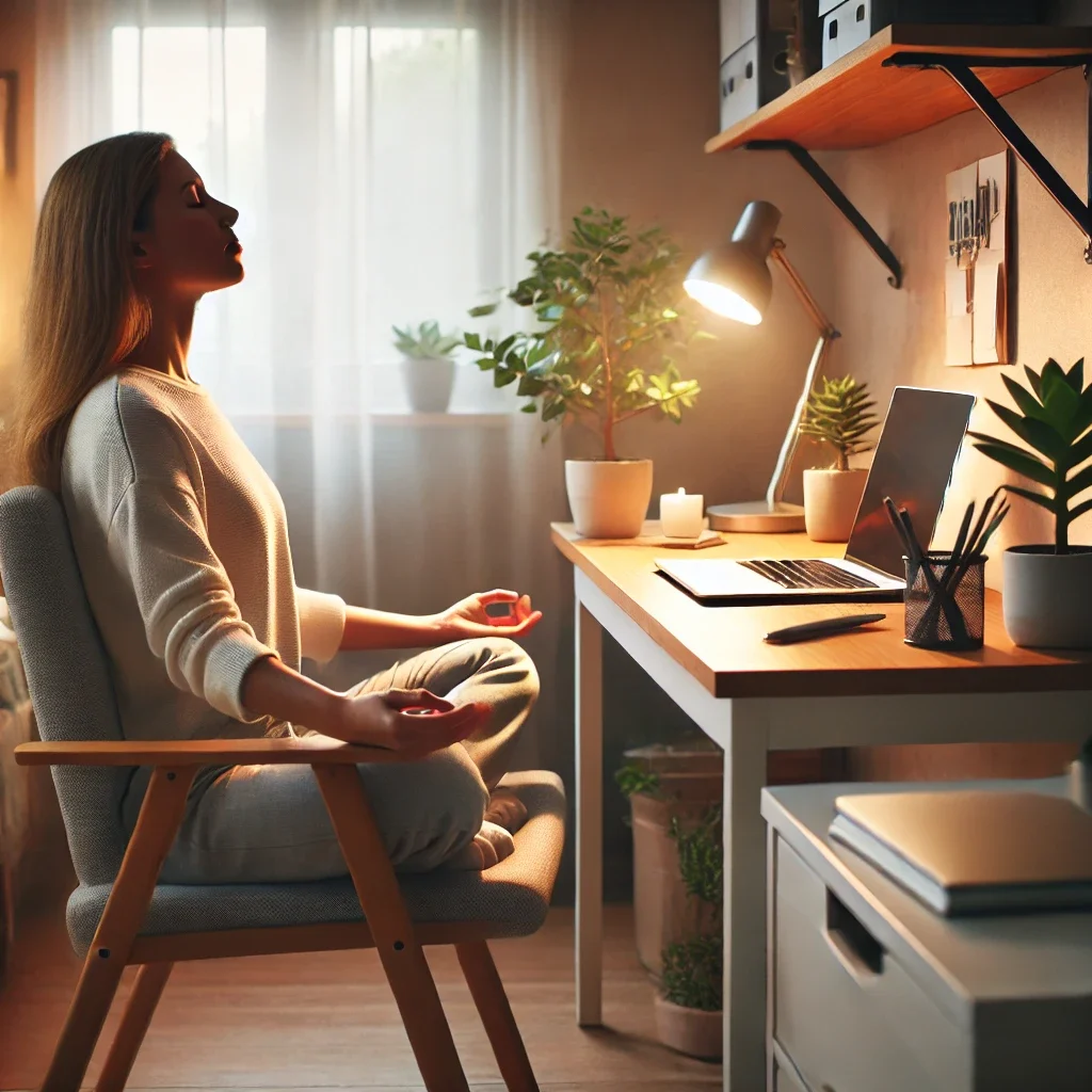 DALL·E 2025-03-02 15.53.52 - A peaceful home office setup with a person practicing mindfulness or meditation at their desk. The workspace includes a cozy chair, a laptop, a small