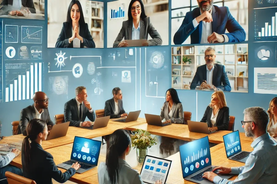 DALL·E 2025-03-04 11.46.16 - A virtual meeting scene with diverse remote workers from different departments collaborating via video call. The image shows multiple laptop screens w