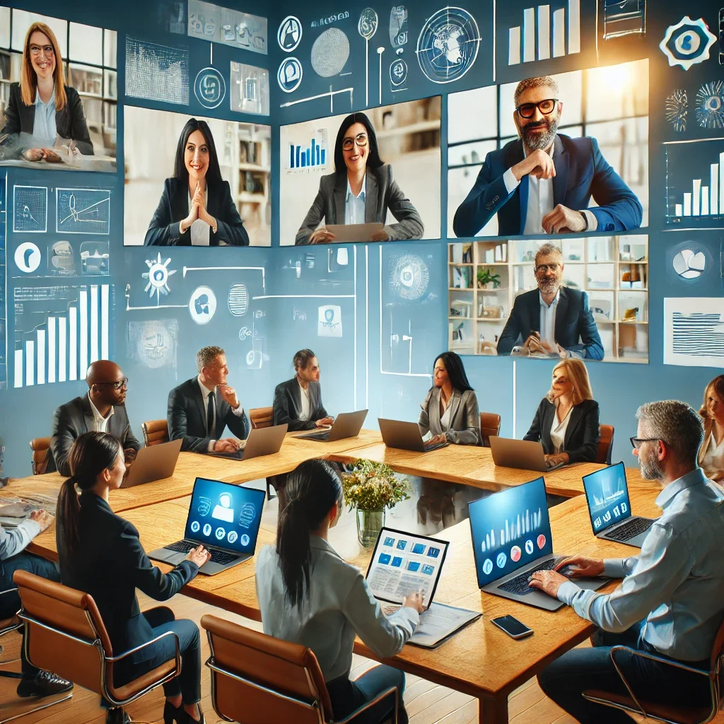 DALL·E 2025-03-04 11.46.16 - A virtual meeting scene with diverse remote workers from different departments collaborating via video call. The image shows multiple laptop screens w