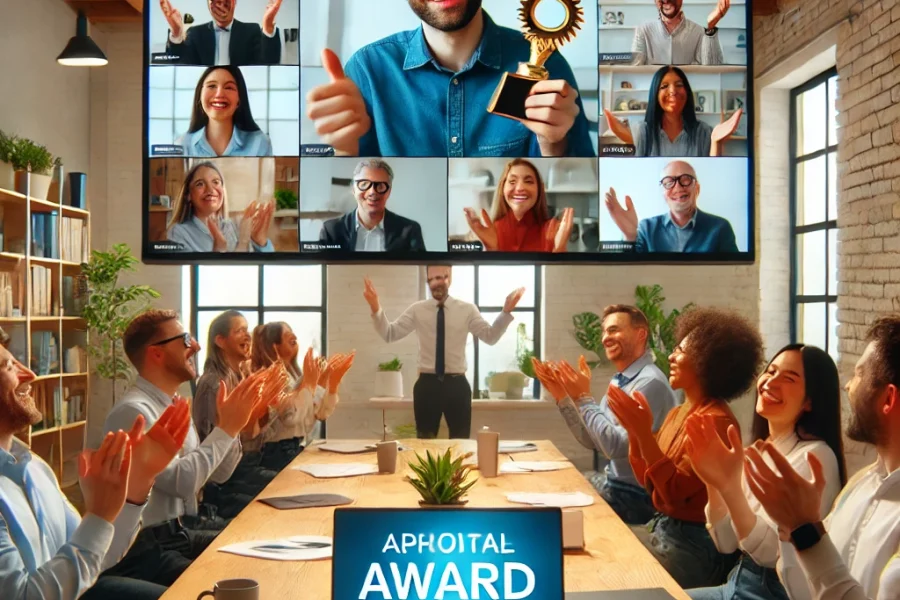 DALL·E 2025-03-04 11.48.04 - A virtual team celebration scene where remote workers are being recognized for their contributions. A video call screen shows diverse team members cla