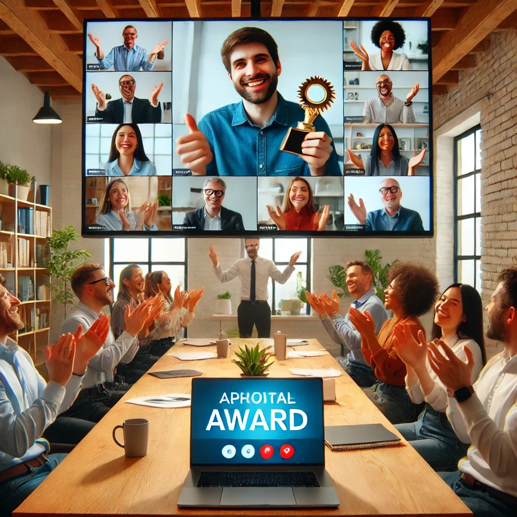DALL·E 2025-03-04 11.48.04 - A virtual team celebration scene where remote workers are being recognized for their contributions. A video call screen shows diverse team members cla