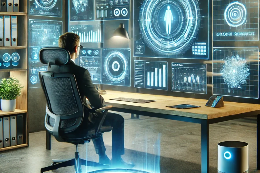 DALL·E 2025-03-04 17.40.40 - A futuristic home office setup with a remote worker adapting to new technologies. The scene includes multiple high-tech devices such as a holographic