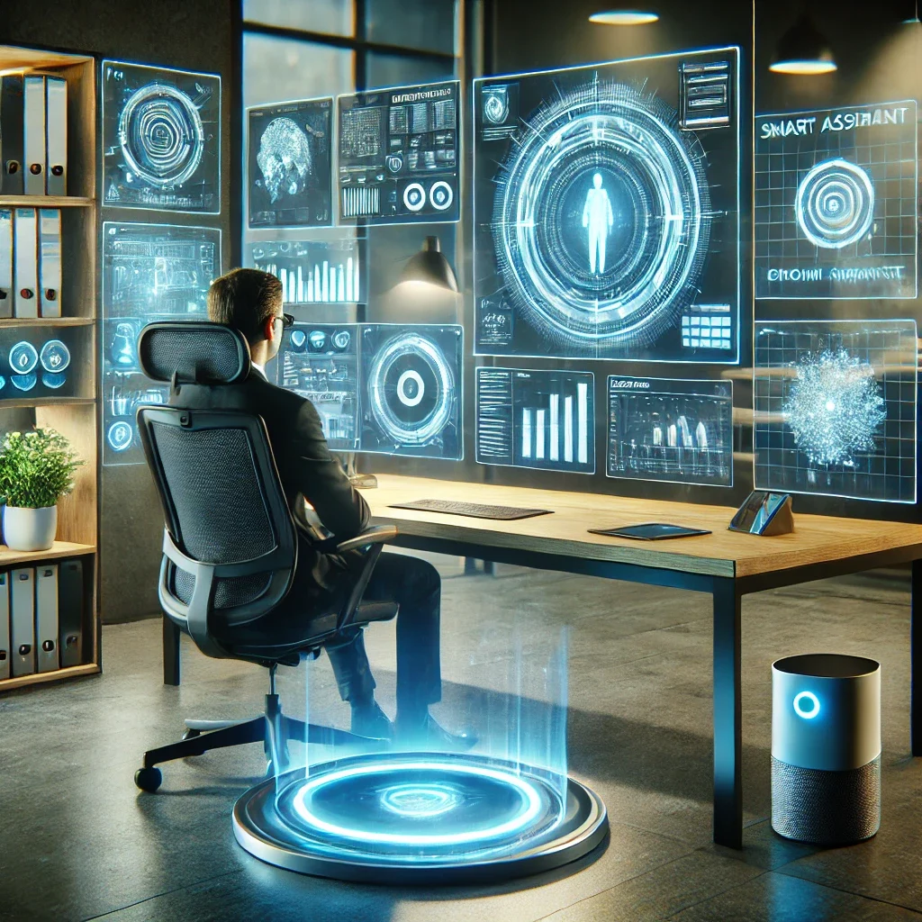 DALL·E 2025-03-04 17.40.40 - A futuristic home office setup with a remote worker adapting to new technologies. The scene includes multiple high-tech devices such as a holographic