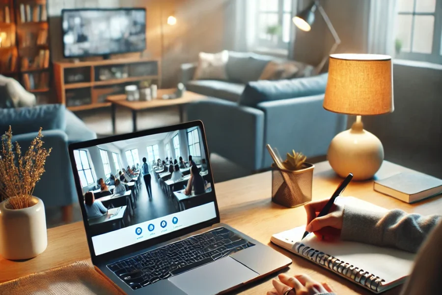 DALL·E 2025-03-05 14.39.53 - A modern home office setup with a remote worker engaging in an online course. The workspace includes a laptop displaying a virtual class, a notebook f