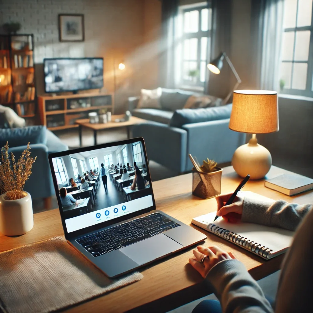 DALL·E 2025-03-05 14.39.53 - A modern home office setup with a remote worker engaging in an online course. The workspace includes a laptop displaying a virtual class, a notebook f