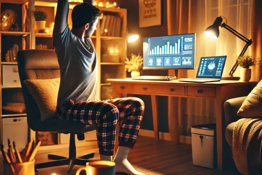 DALL·E 2025-03-05 14.41.58 - A cozy home office setup at night with a person stretching and preparing for sleep after a day of remote work. The scene includes warm lighting, a cup