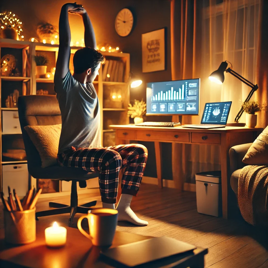 DALL·E 2025-03-05 14.41.58 - A cozy home office setup at night with a person stretching and preparing for sleep after a day of remote work. The scene includes warm lighting, a cup