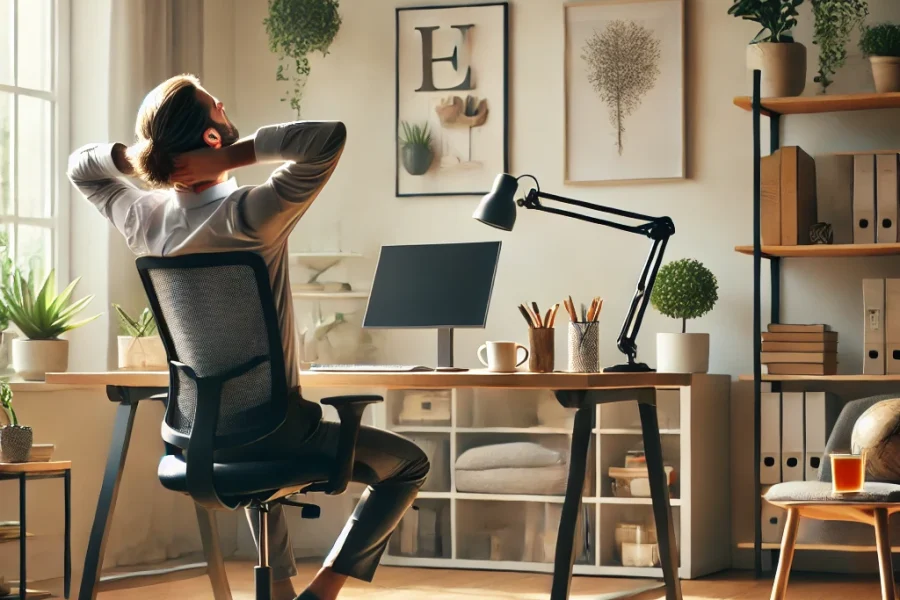 DALL·E 2025-03-05 14.51.31 - A modern home office setup with a remote worker enjoying a comfortable and healthy workspace. The room is filled with natural light, an ergonomic chai