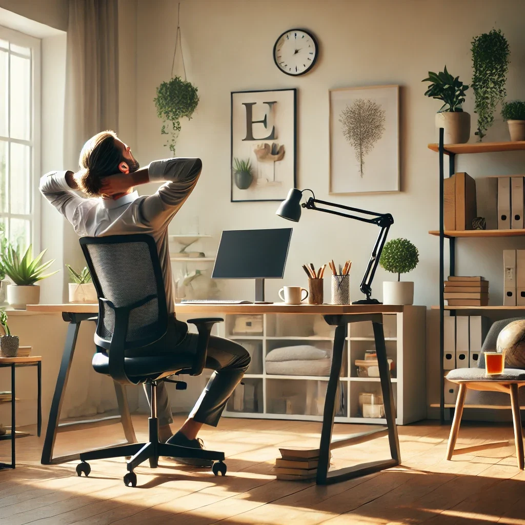 DALL·E 2025-03-05 14.51.31 - A modern home office setup with a remote worker enjoying a comfortable and healthy workspace. The room is filled with natural light, an ergonomic chai