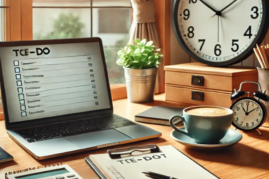 DALL·E 2025-03-05 14.58.18 - A cozy home office setup with a laptop on a wooden desk, a cup of coffee, a to-do list, and a clock showing time management. The background is bright