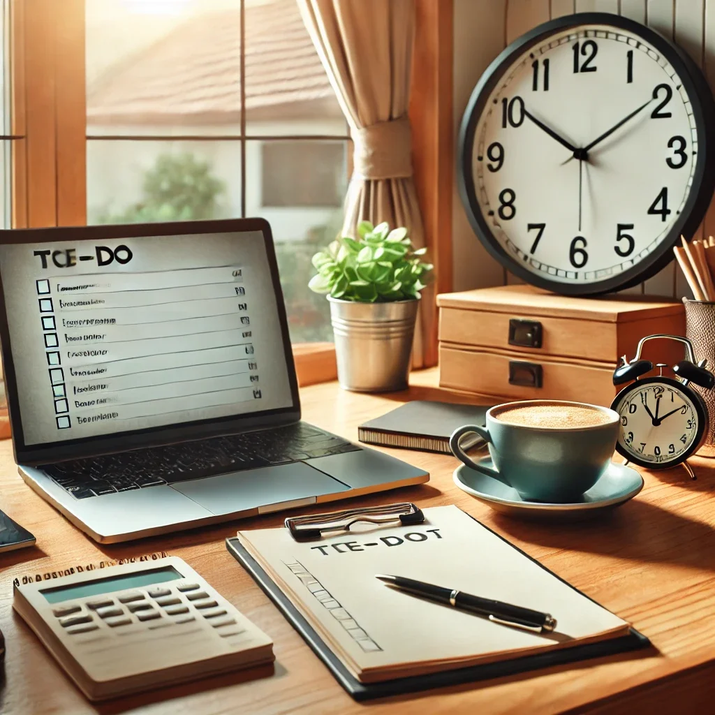 DALL·E 2025-03-05 14.58.18 - A cozy home office setup with a laptop on a wooden desk, a cup of coffee, a to-do list, and a clock showing time management. The background is bright