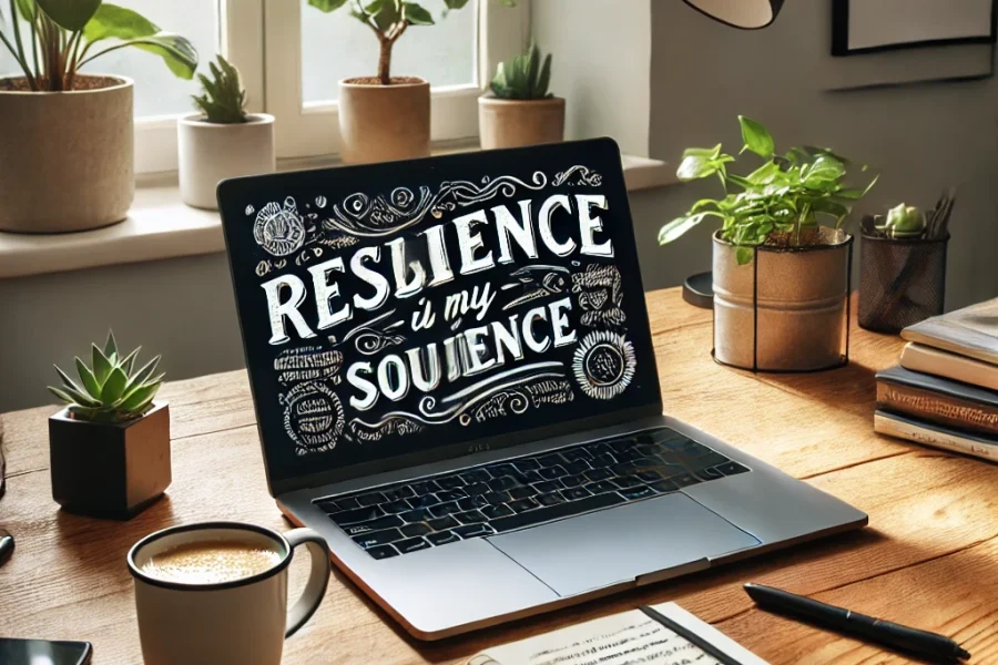 DALL·E 2025-03-05 15.01.56 - A modern home office setup with a cozy and inspiring atmosphere. A laptop is open on a wooden desk with a motivational quote on the screen. A cup of c