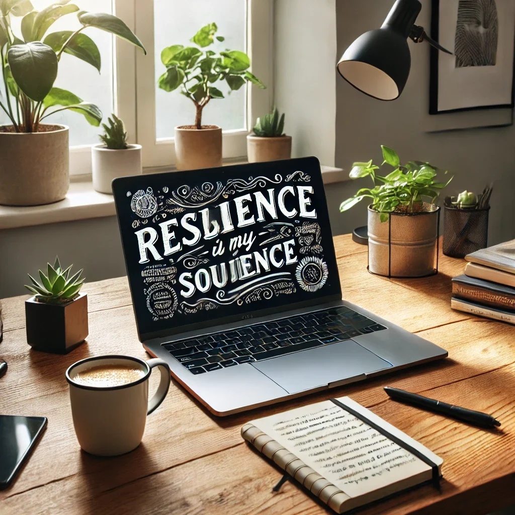 DALL·E 2025-03-05 15.01.56 - A modern home office setup with a cozy and inspiring atmosphere. A laptop is open on a wooden desk with a motivational quote on the screen. A cup of c
