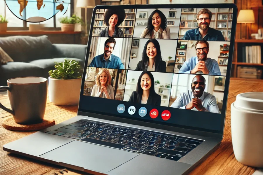 DALL·E 2025-03-05 15.04.58 - A virtual team meeting on a laptop screen, showing diverse professionals from different cultural backgrounds engaged in a video call. The setting is a