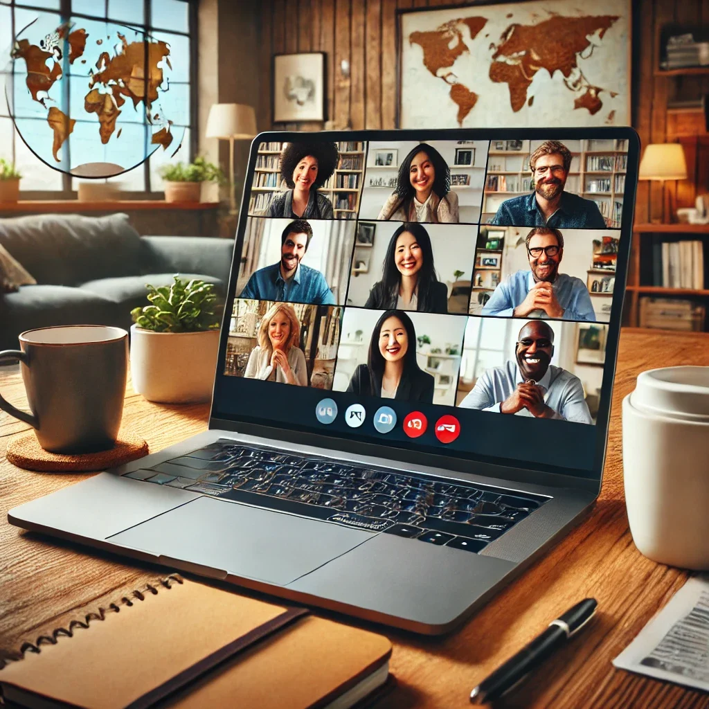 DALL·E 2025-03-05 15.04.58 - A virtual team meeting on a laptop screen, showing diverse professionals from different cultural backgrounds engaged in a video call. The setting is a