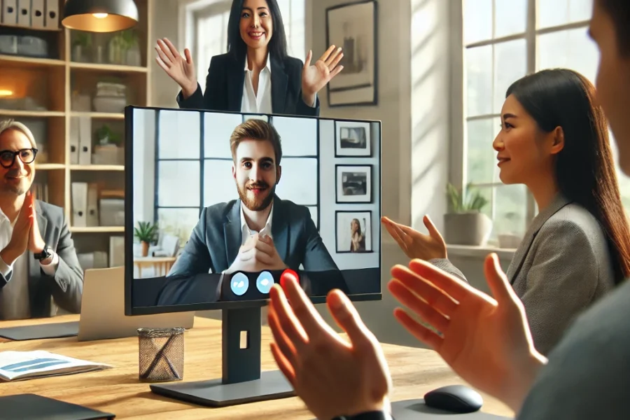 DALL·E 2025-03-06 18.01.01 - A virtual meeting scene where remote workers communicate via video conference. The focus is on non-verbal communication_ one person is nodding in agre