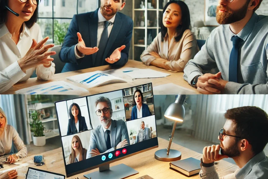 DALL·E 2025-03-06 18.04.50 - A virtual meeting scene where remote workers are discussing and resolving a conflict through video conferencing. The image shows diverse professionals