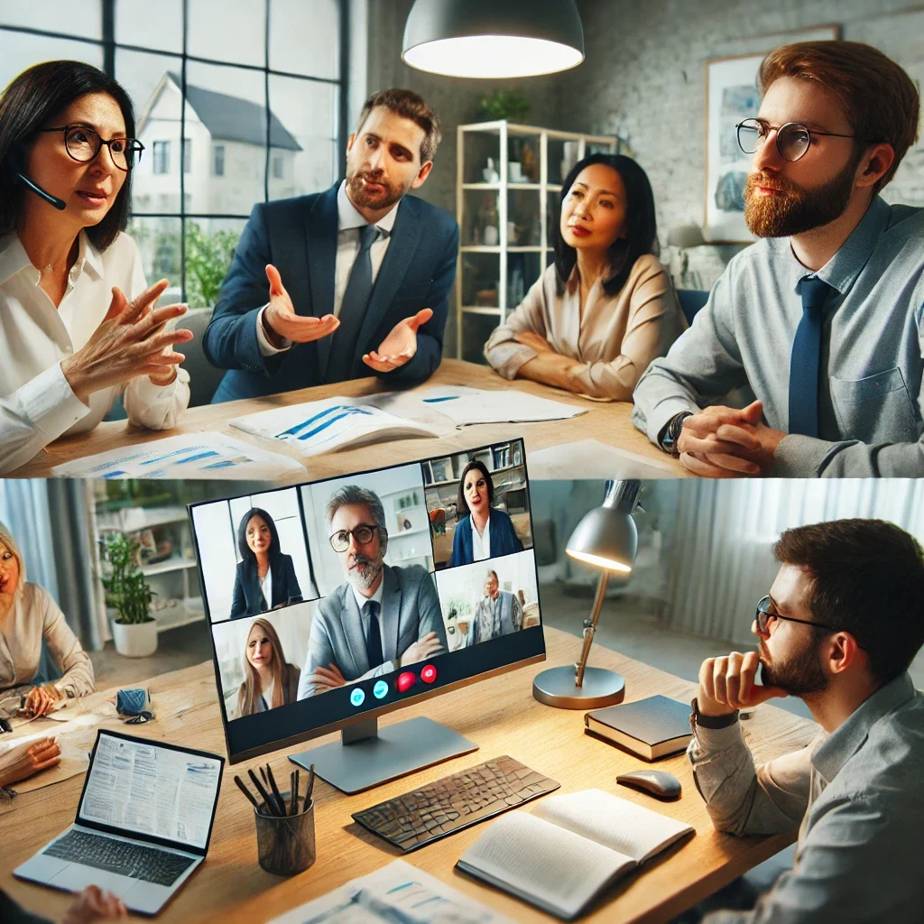 DALL·E 2025-03-06 18.04.50 - A virtual meeting scene where remote workers are discussing and resolving a conflict through video conferencing. The image shows diverse professionals
