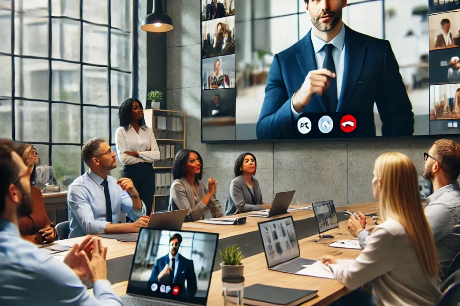 DALL·E 2025-03-06 18.12.25 - A virtual leadership training session with a diverse group of remote workers engaged in a video call. The main speaker, a confident and inspiring lead